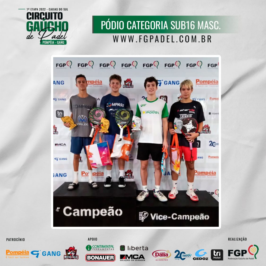 Confira os campeões e vices da 1ª etapa do Circuito Gaúcho de Padel